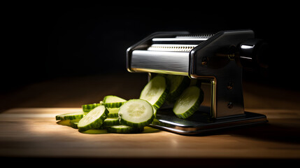 A stainless steel mandoline slicer mid-use on a wooden surface
