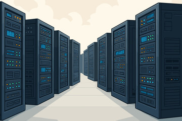 Data center server room with rows of racks. Big data, cloud computing, and network hosting concept. Technology infrastructure for internet storage and database processing. Cartoon vector.