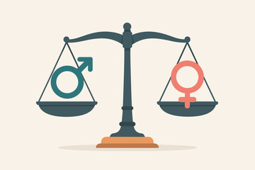 Gender equality concept. Male and female symbols on a balanced weight scale. Metaphor for equal rights, justice, and fairness. Social issue vector illustration for empowerment.