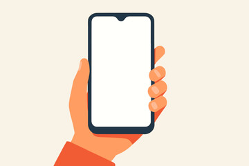 Hand holding smartphone with white empty screen. Mobile phone mockup template. Vector flat cartoon illustration for app or website display. Technology communication concept.