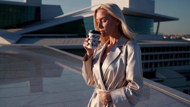 Elegant businesswoman in a stylish trench coat savors a cup of coffee on a modern rooftop in oslo, norway, with the oslo opera house reflecting in the background during sunrise