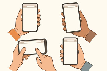 Mobile phone in hand mockup collection. Set of illustrations with smartphones and blank empty web browser screen. User touching display. Vector cartoon illustration for presentation.