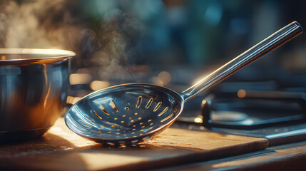 A stainless steel slotted spoon resting on a pan