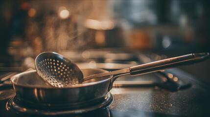 A stainless steel slotted spoon resting on a pan
