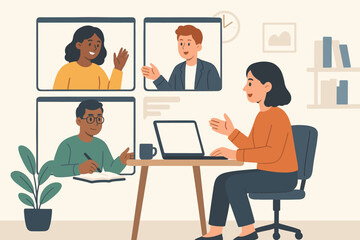 Remote Team Online Video Conference Meeting Illustration – Virtual Business Workshop, Diverse Colleagues Communication, Work from Home Collaboration, Cartoon Office Vector