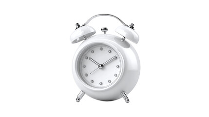 3D white cartoon alarm clock icon with round shape and bells, time management concept, isolated on transparent background 