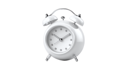 3D white cartoon alarm clock icon with round shape and bells, time management concept, isolated on transparent background 