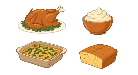 Illustration of a thanksgiving dinner with turkey, bread, and casserole