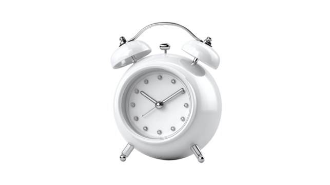 3D white cartoon alarm clock icon with round shape and bells, time management concept, isolated on transparent background 