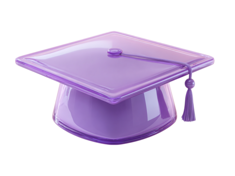 3D violet graduation cap icon in cartoon plastic style, academic achievement symbol, isolated on transparent background