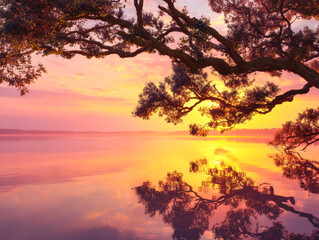 Obraz premium Tranquil sunset over a peaceful lake with reflections of vibrant trees