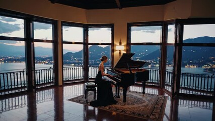 Elegant pianist playing a grand piano in a luxury villa with stunning panoramic lake and mountain views, creating a mesmerizing atmosphere of music and sophistication