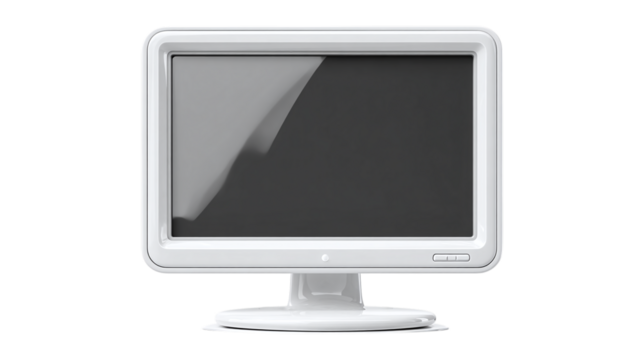 3D white computer monitor icon in cartoon plastic style, modern desktop display symbol, isolated on transparent background 