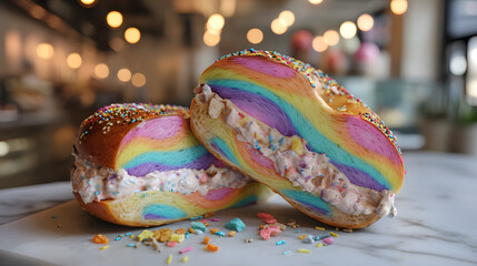 A swirled rainbow-colored bagel sliced and filled with cream