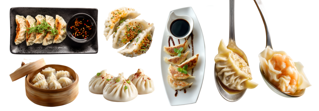 Set of jiaozi Gyoza Pierogi mandu, soup dumplings, tangbao, Chinese steamed bun, Xiao Long Bao baozi, wonton, broth meat filling, isolated on transparent cutout PNG. Many different Mockup template.	
