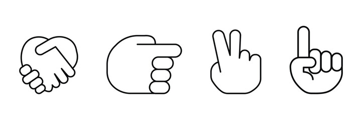 Handshake, finger point, victory sign, hand up gesture icon vector illustration in outline, minimal, communication, interaction, symbol style.