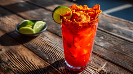 A tall glass filled with bright red chamoy sauce