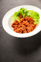Tuna tomato sauce canned fish seafood fresh delicious gourmet food background on the table rustic food top view copy space keto and paleo diet vegan food pescetarian diet