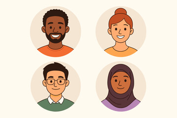 Diverse People Avatars Collection – Set of 4 Cartoon Vector Character Portraits in Round Frames, Multicultural Flat Illustration, Modern Minimal Style, No Text, Light Background