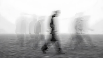 Blurred Figures Walk Across a Desolate Landscape in Black and White