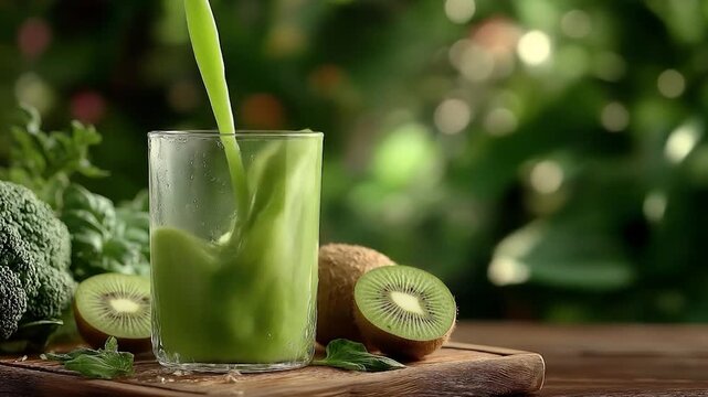 Green Elixir: A vibrant green liquid cascades into a glass, showcasing a healthy, refreshing blend of nature's finest ingredients, including kiwi and broccoli.