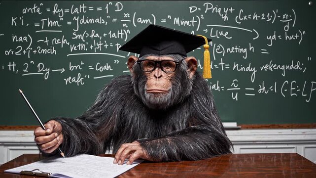 Chimpanzee wearing a graduation cap and glasses sits at a desk in front of a blackboard filled with equations, holding a pointer and giving a lecture