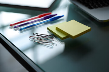 Office Supplies on a Glass Table with Laptop and Modern Aesthetic