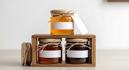 Three jars of honey in a wooden crate with blank labels