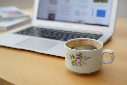 Morning Coffee Break Laptop and Books on Wooden Table