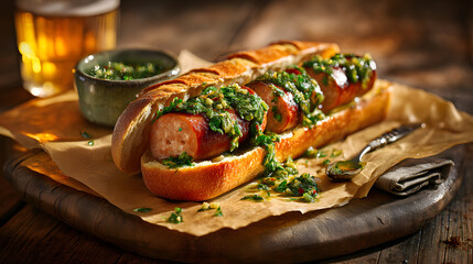 A toasted crusty baguette sliced open to reveal a sausage