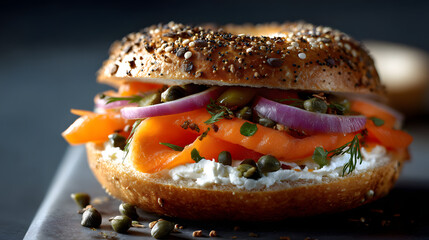 A toasted everything bagel with dairy-free cream