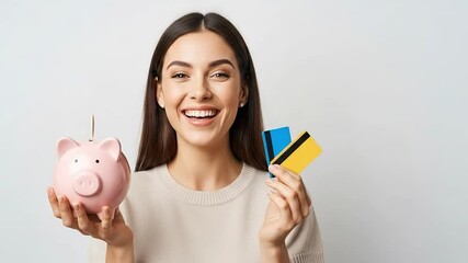 Happy woman holding piggy bank and credit cards. - Powered by Adobe