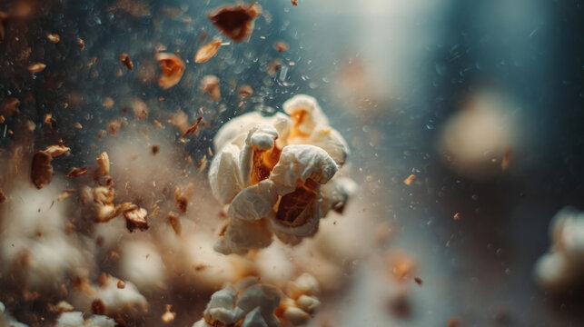 Macro shot of popcorn exploding mid-air with dramatic lighting and flying debris in sharp detail.