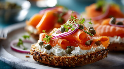 A toasted everything bagel with dairy-free cream