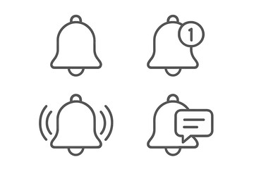 Notification bell line icon set. Simple alert, reminder, and message symbols for UI UX design. New notification badge and ringing bell vector illustration for apps.