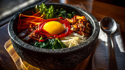 A traditional Korean stone bowl filled with steamed vegetables