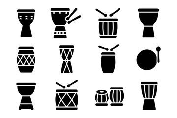 Set of percussion drum icons in solid style for music projects