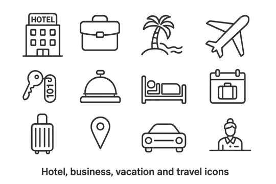 Travel and hotel service line icon set. Vacation and business trip concept symbols. Simple outline pictogram collection of airplane, car, luggage, booking, and accommodation.