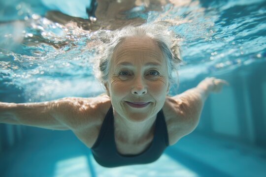Senior Woman Enjoys Aqua Aerobics in a Warm Swimming Pool During a Sunny Afternoon