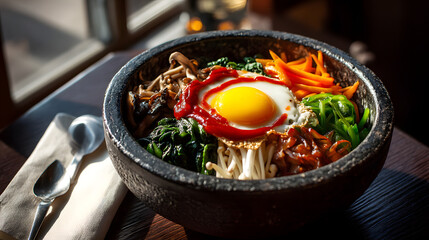 A traditional Korean stone bowl filled with steamed vegetables
