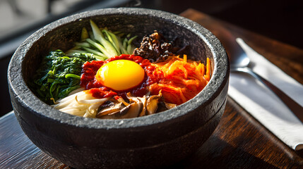 A traditional Korean stone bowl filled with steamed vegetables