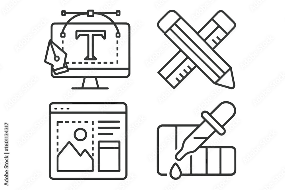 Poster graphic design and web development linear icons set. typography, drawing with pencil, web page layou