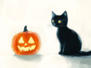 Black cat sits in front of a pumpkin with a smile on its face. The pumpkin is orange and has a face carved into it. The scene is set in a Halloween-themed environment