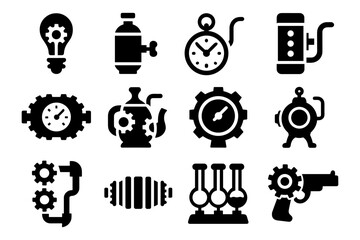 Steampunk gear icons set: silhouette designs of clocks, gadgets, and machinery
