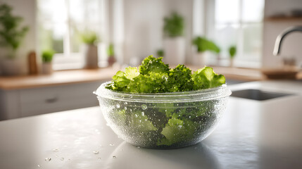 A transparent salad spinner full of fresh greens