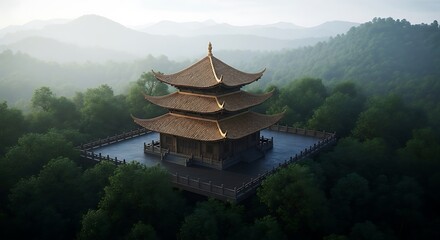 Serene pagoda amidst misty mountains and lush greenery