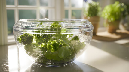 A transparent salad spinner full of fresh greens