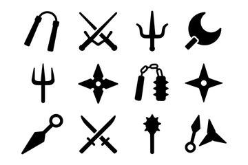 Black silhouette of martial arts weapons collection: swords, nunchaku, shurikens, sai, and more