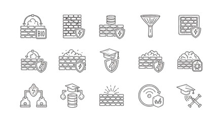 Collection of security and data protection icons featuring walls shields and academic symbols in a line ai generated