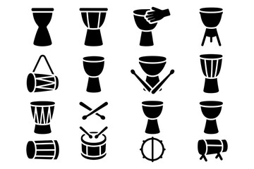 Set of music drums silhouette icons for percussion instrument enthusiasts